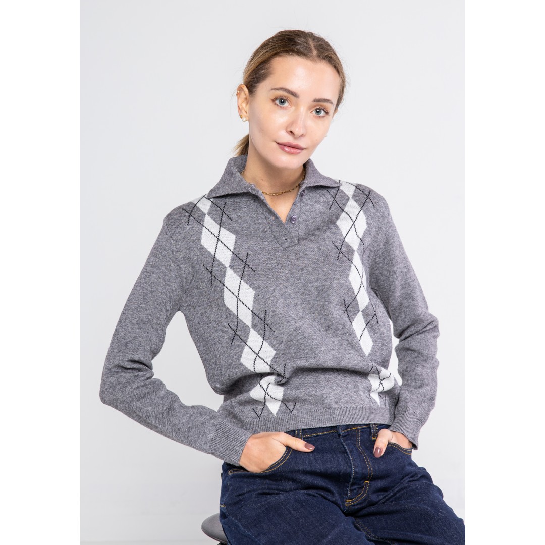 MAGLIA A POLO ROMBI JACQUARD Taglia S Colore Grigio Bianco